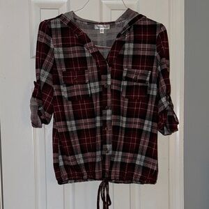 Roommates Burgundy Plaid Button Down Shirt with Hood